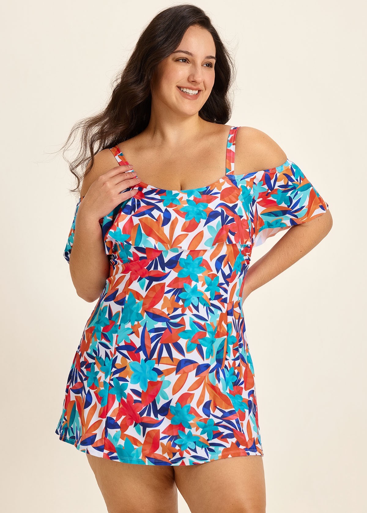 Curvy Colorful Tropical Leaf Off The Shoulder Modest Women's Swimsuit One Piece Swim Romper