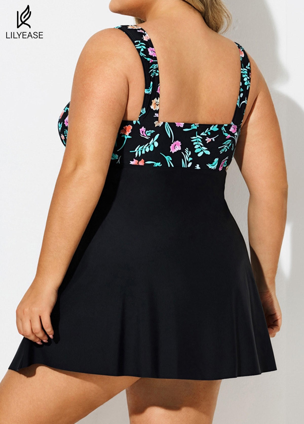 Plus Size Floral Print V Neck Layered Swimdress Top