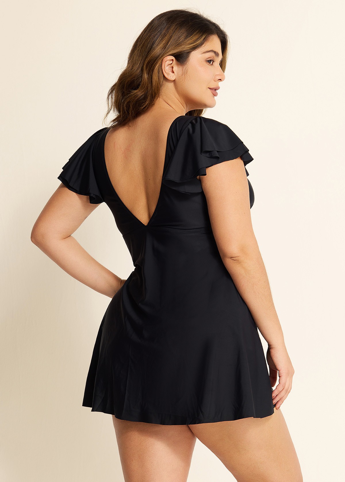 Stylish V Neck Ruffle Sleeves Swimdress Top