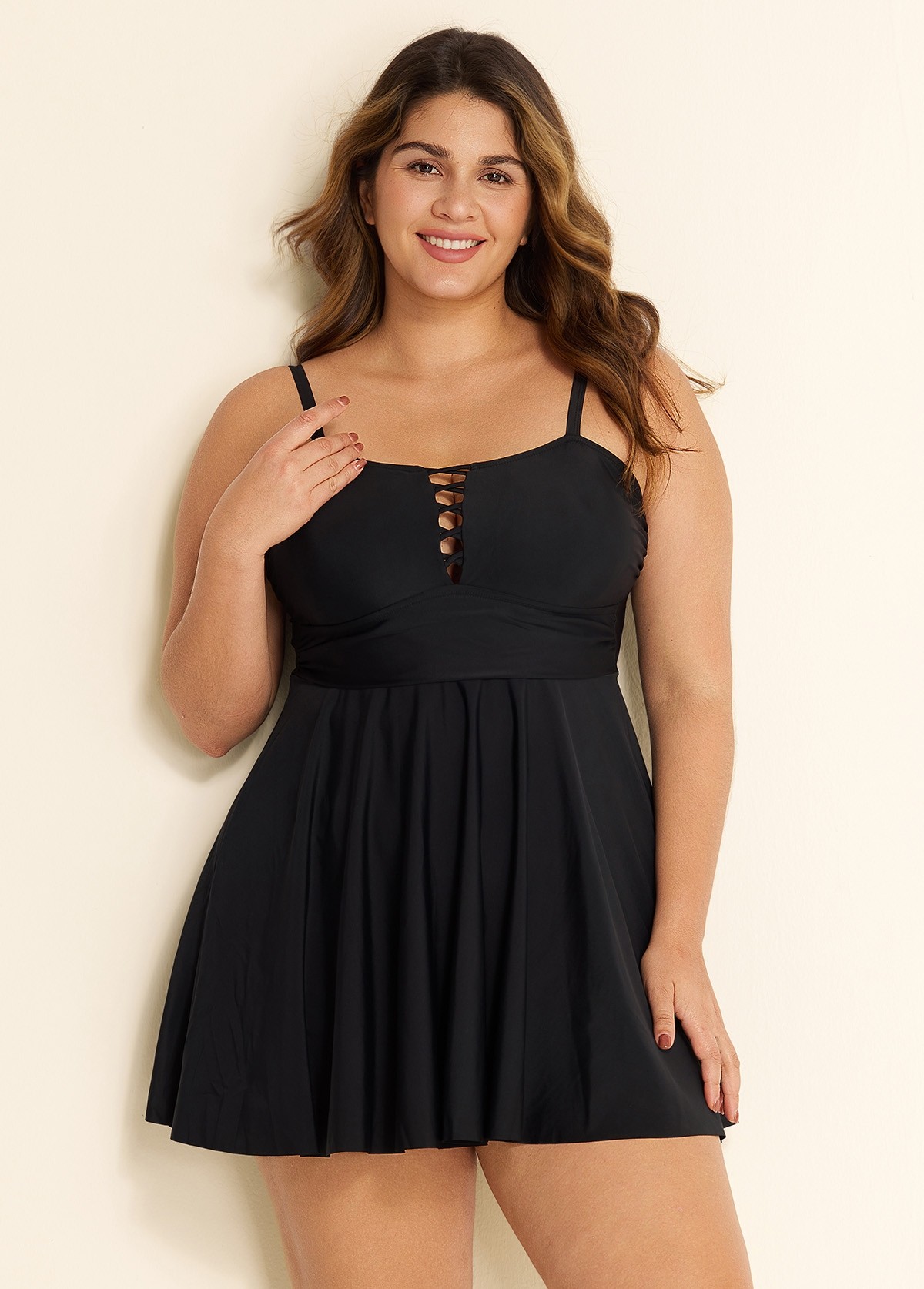 Black Crisscross Detailing Flowy Swimdress Top