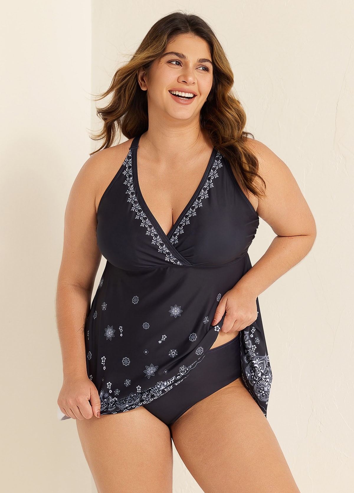 Black Paisley Print V Neck Wrap Plus Size Swimming Suits For Womens Swimdress Set