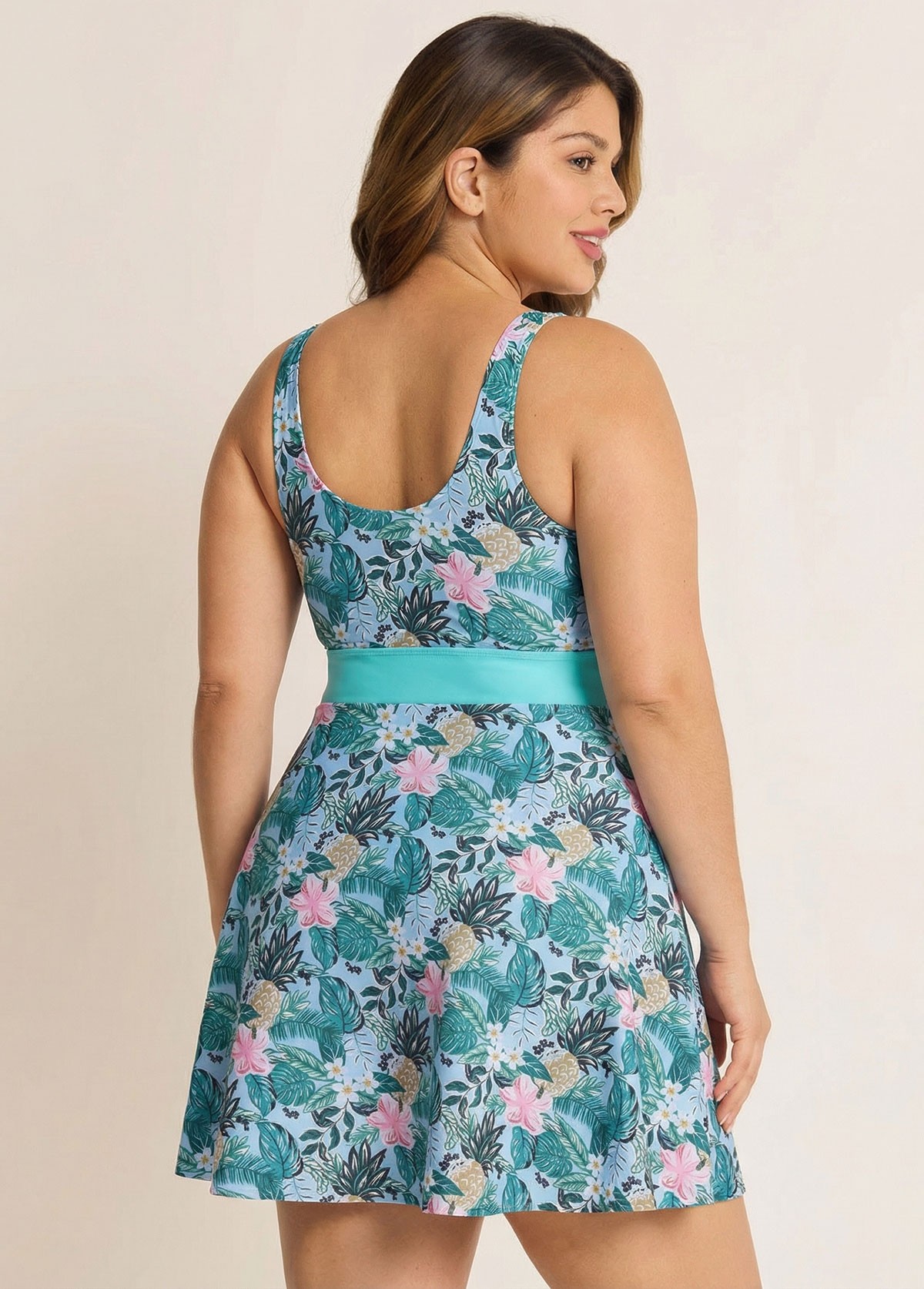 Charming Plus Size Green Tropical Floral Knot Front One Piece Swimdress