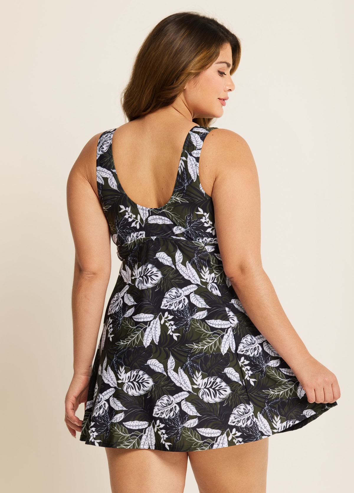 Plus Size Black Leaf Print Vintage Swimsuit Swimdress Set