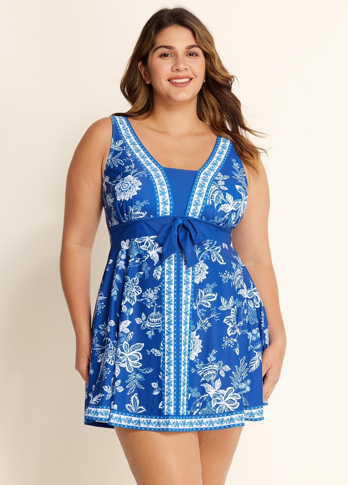 Plus Size Blue And White Floral Front Tie Scoop Neck Swimsuit Swimdress Set