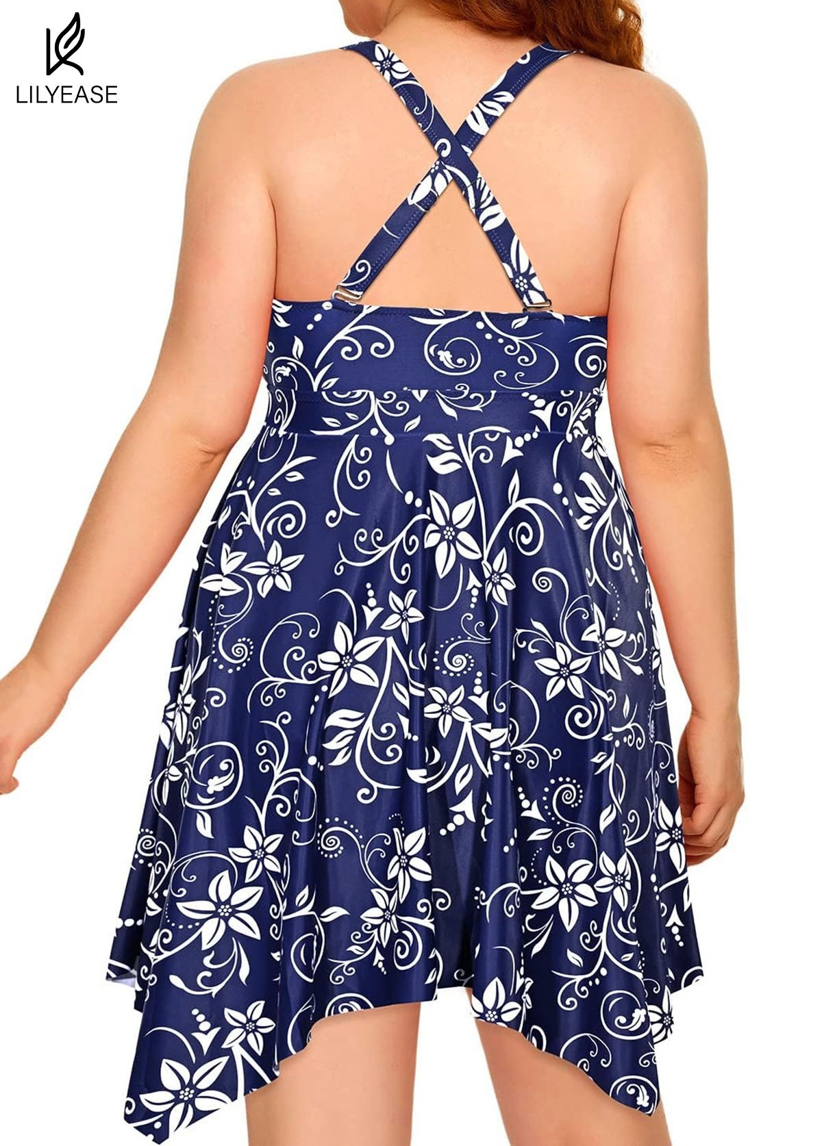 Navy Blue Floral Tie-Front Drawstring Asymmetrical Hem One Piece Swimdress