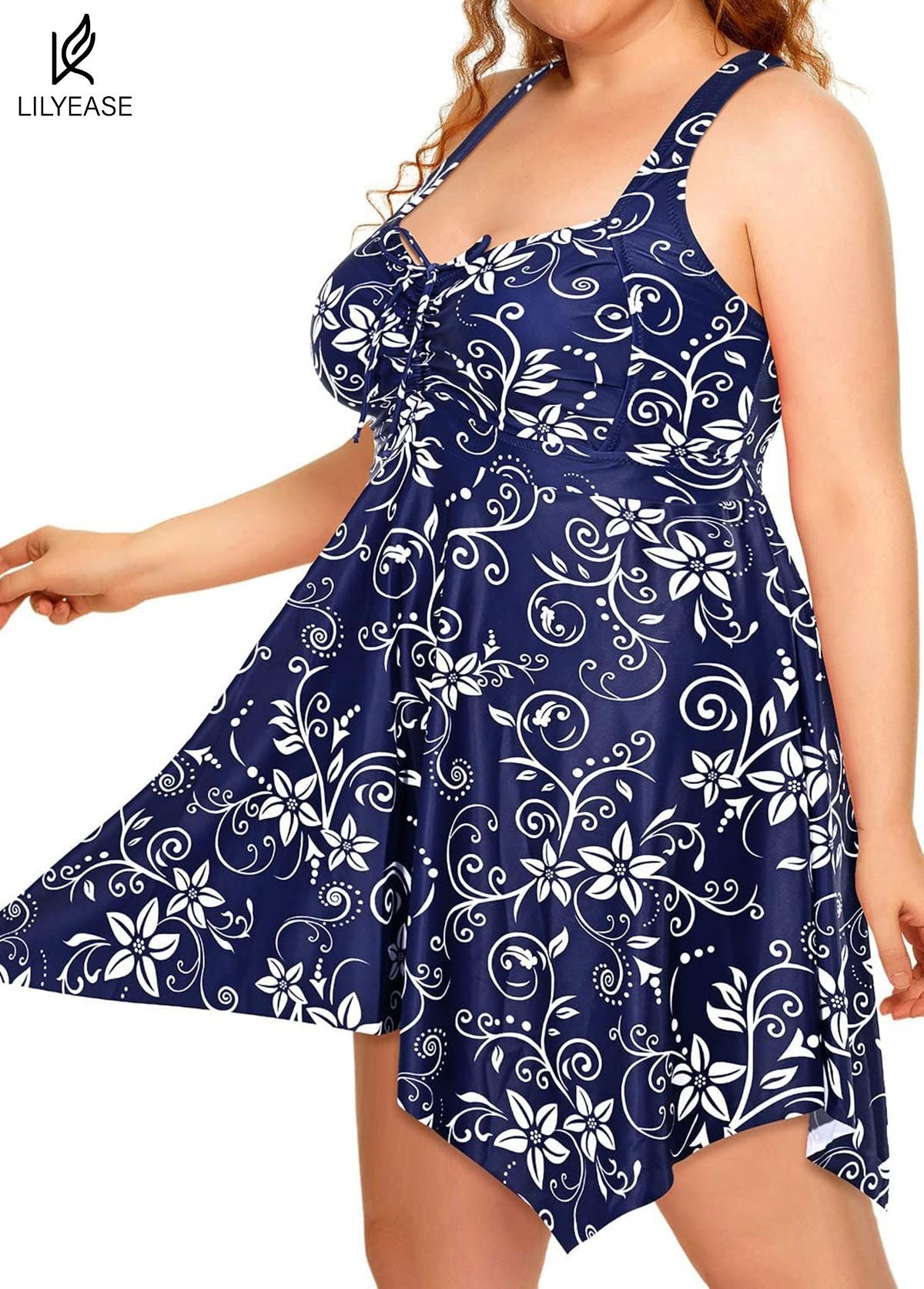 Navy Blue Floral Tie-Front Drawstring Asymmetrical Hem One Piece Swimdress
