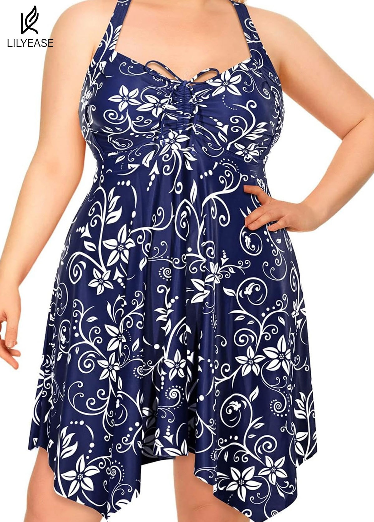 Navy Blue Floral Tie-Front Drawstring Asymmetrical Hem One Piece Swimdress