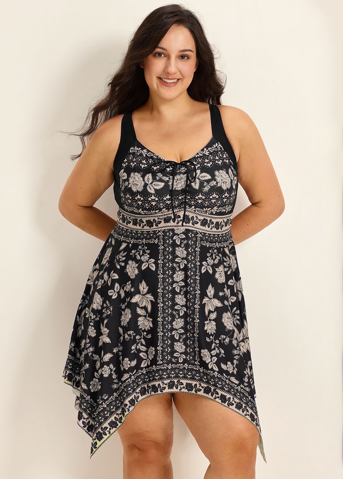 Curvy Yellow Floral Flattering Drawstring Asymmetrical Hem Swimsuit Long One Piece Swimdress