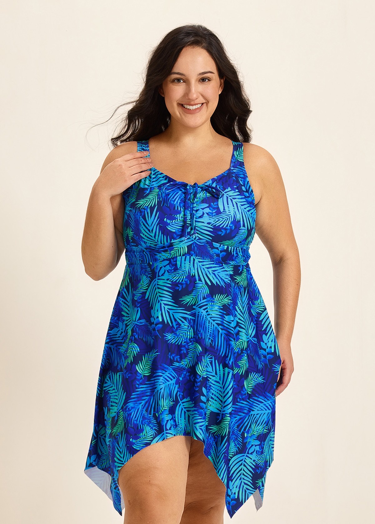 Tropical Leaf Flattering Drawstring Asymmetrical Hem Plus Size Swimsuit One Piece Swimdress