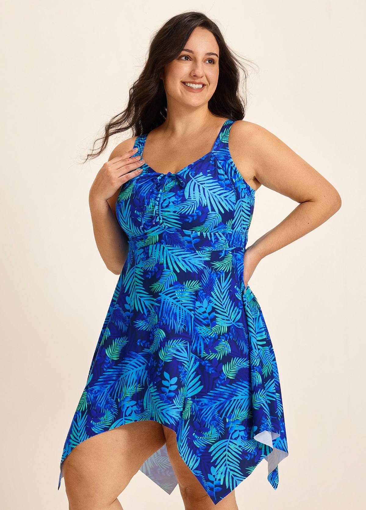 Tropical Leaf Flattering Drawstring Asymmetrical Hem Plus Size Swimsuit One Piece Swimdress