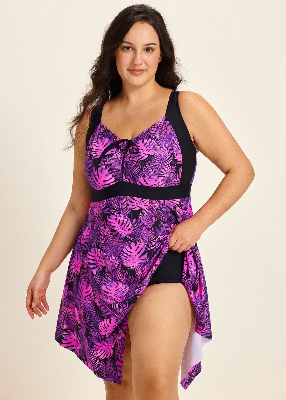 Purple Tropical Leaf Modest Drawstring Asymmetrical Hem Curvy Swimsuit One Piece Swimdress