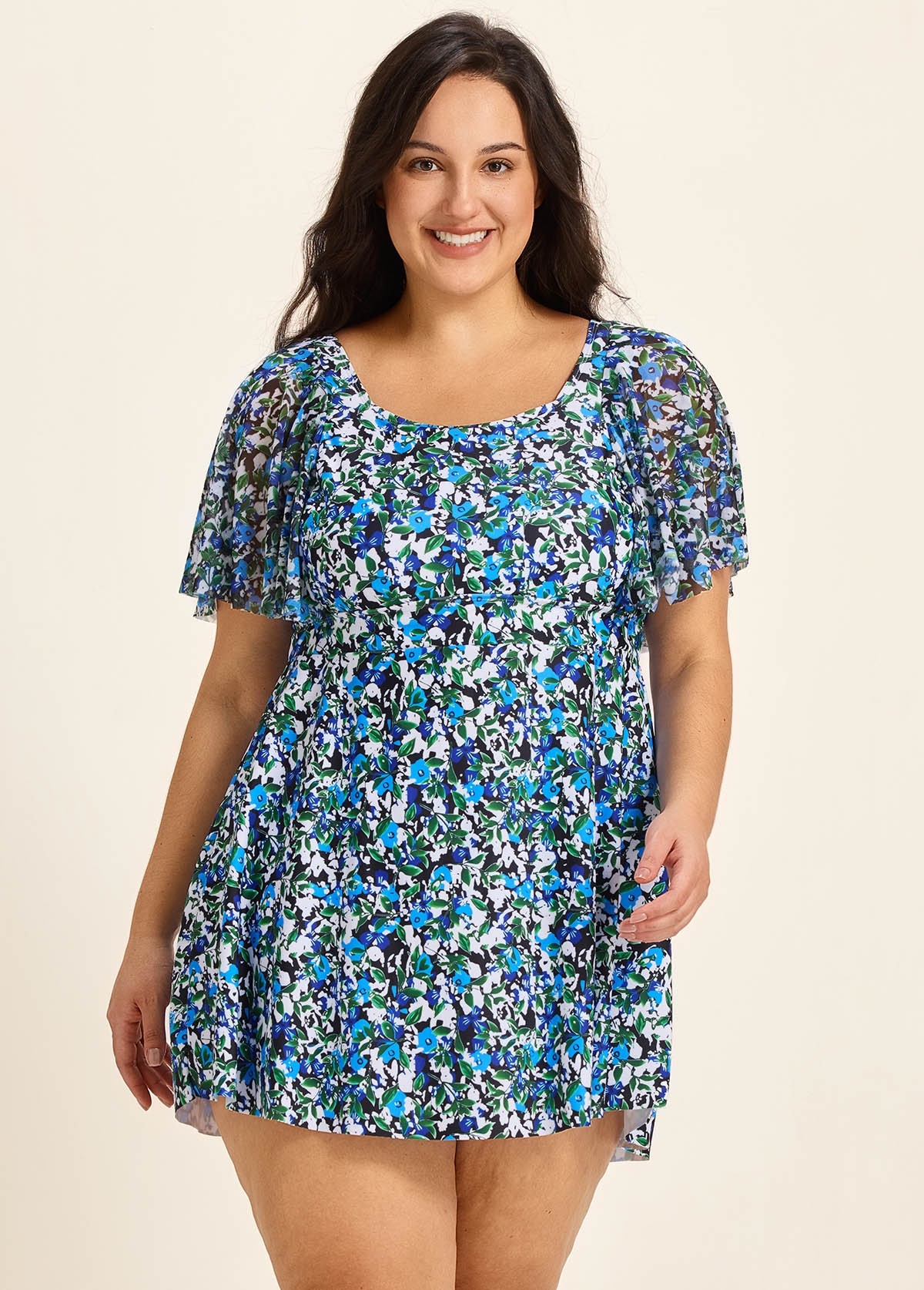 Plus Size Blue Green Floral Print Mesh Short Sleeves Padded Ruffle Swimsuit Swimdress Set