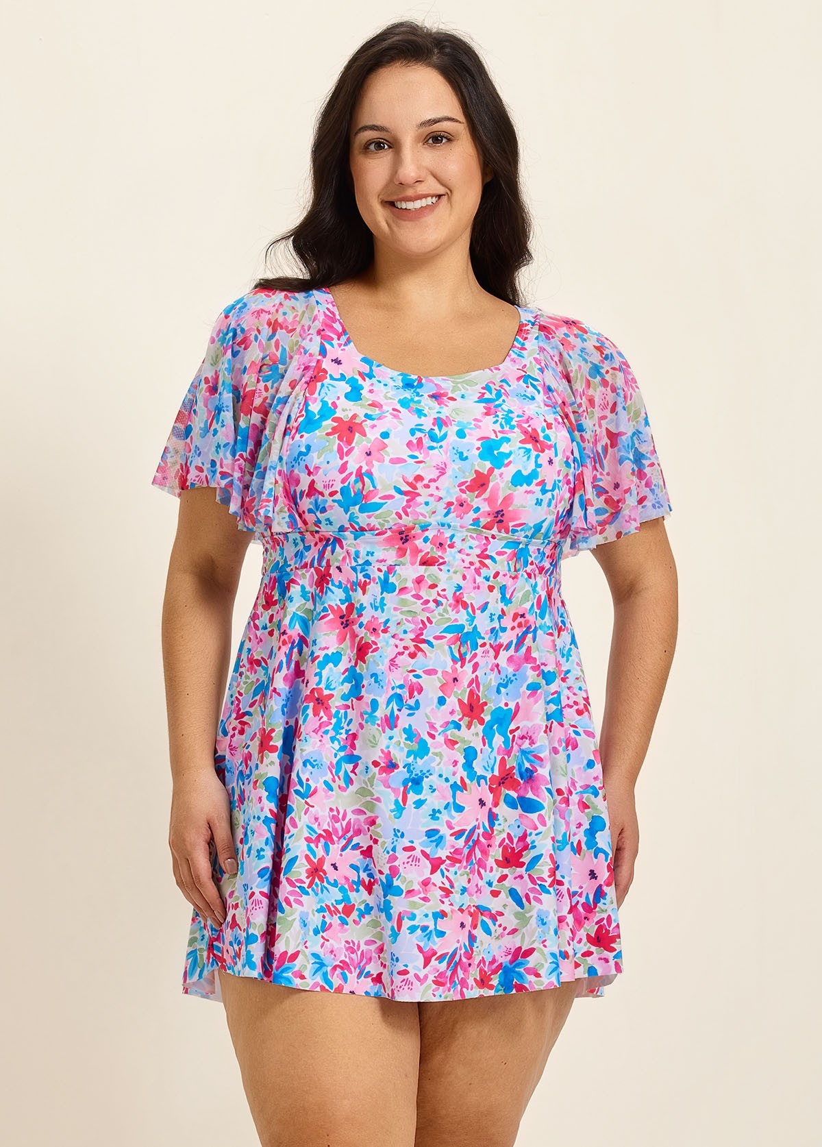 Curvy Pink Floral Square Neck Mesh Short Sleeves Vintage Ruffle Swimsuit Swimdress Set