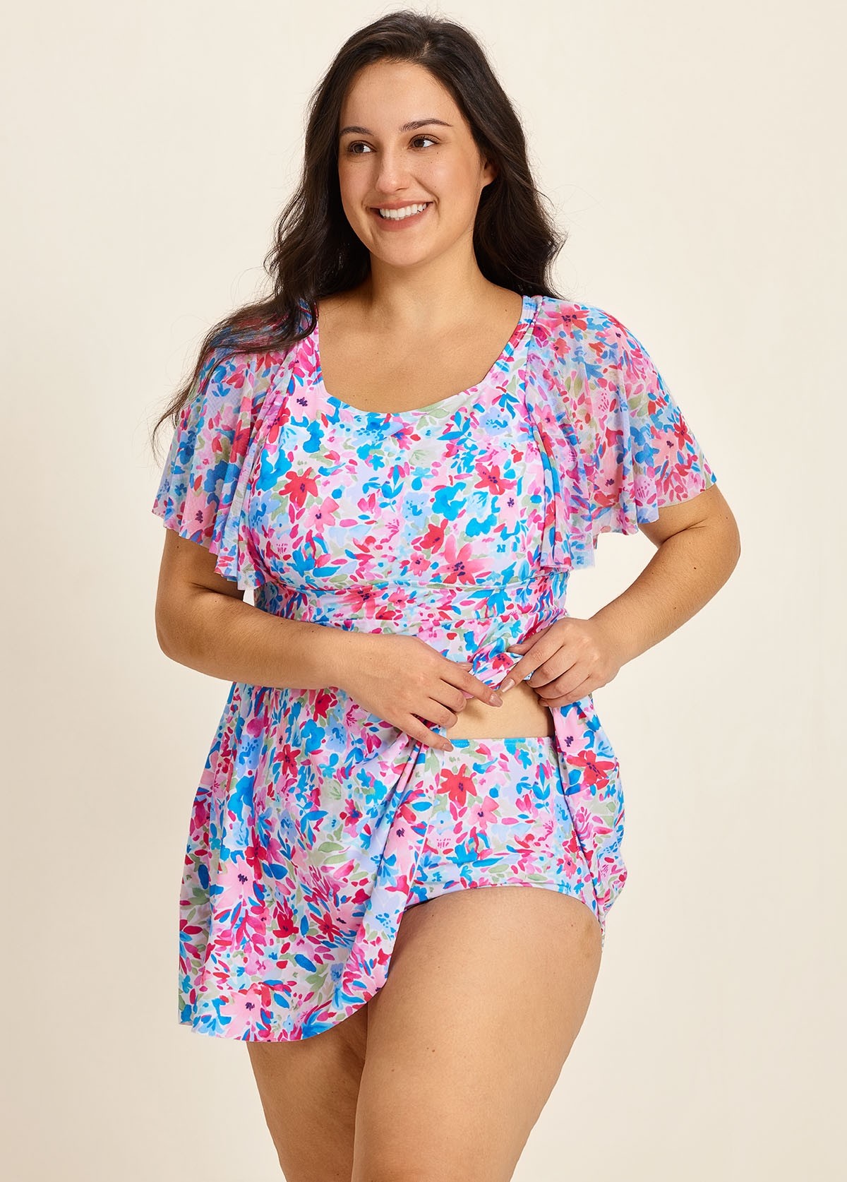 Curvy Pink Floral Square Neck Mesh Short Sleeves Vintage Ruffle Swimsuit Swimdress Set