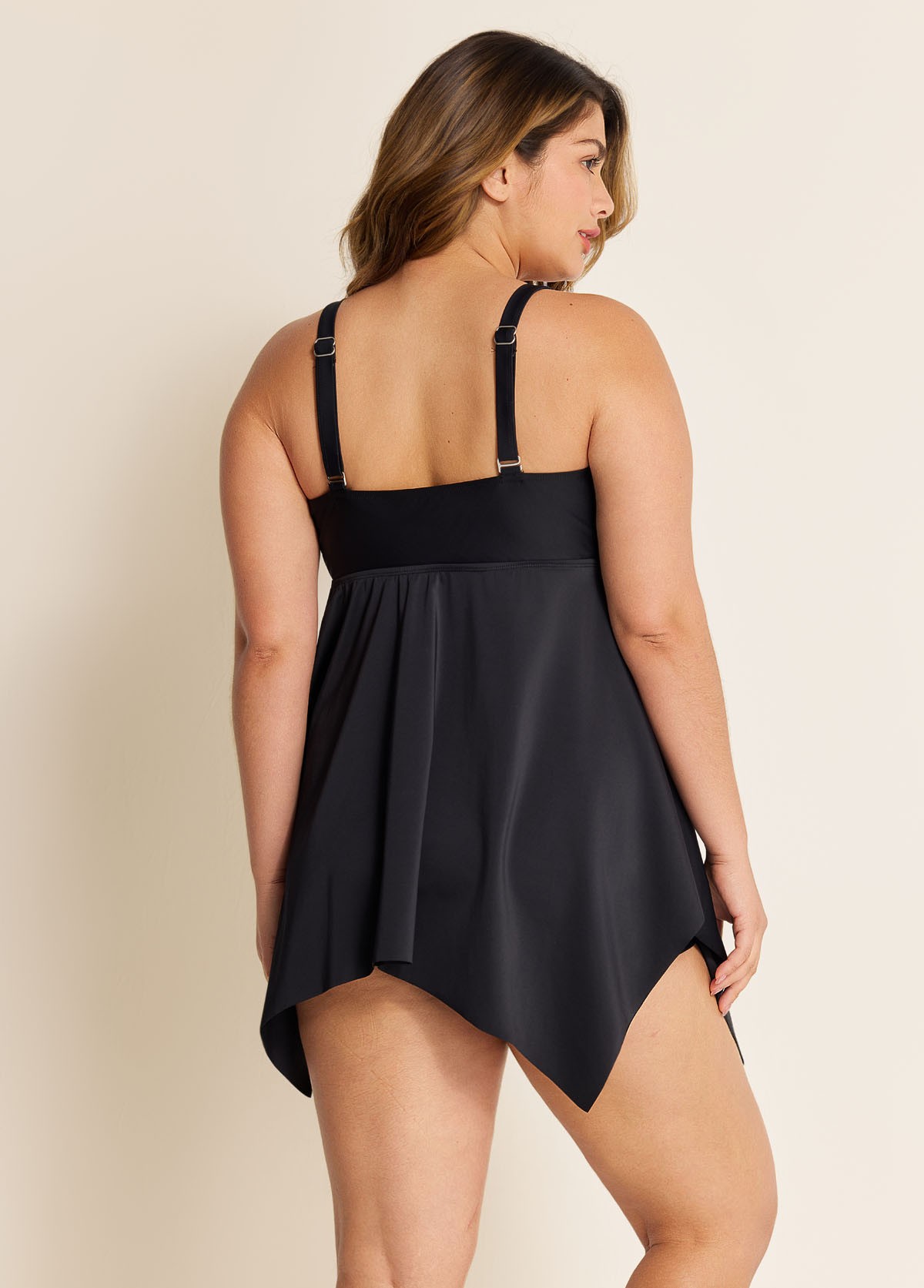 Black Criss Cross Front detail Asymmetrical Hem Swimdress Top