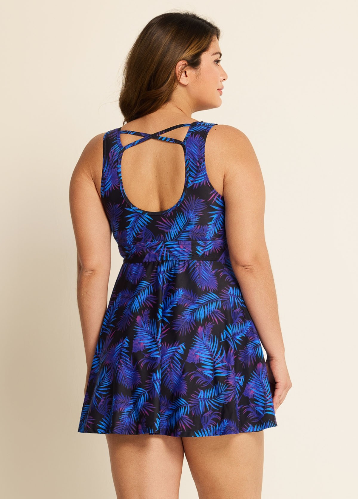 Purple V Neck Plants Print Tie Front Modest Plus Size Swim Dress Set