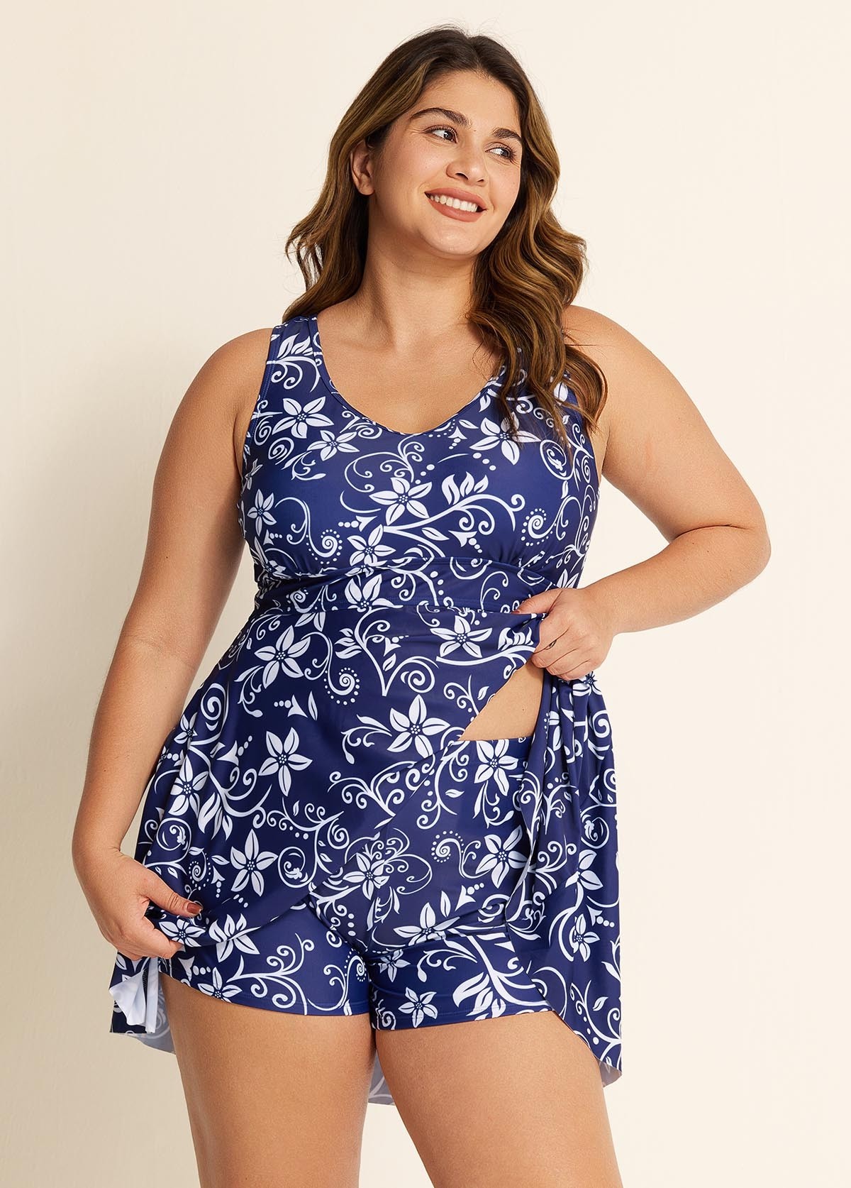Navy Floral Modest Curvy Swimsuit And Swimwear Swimdress Set