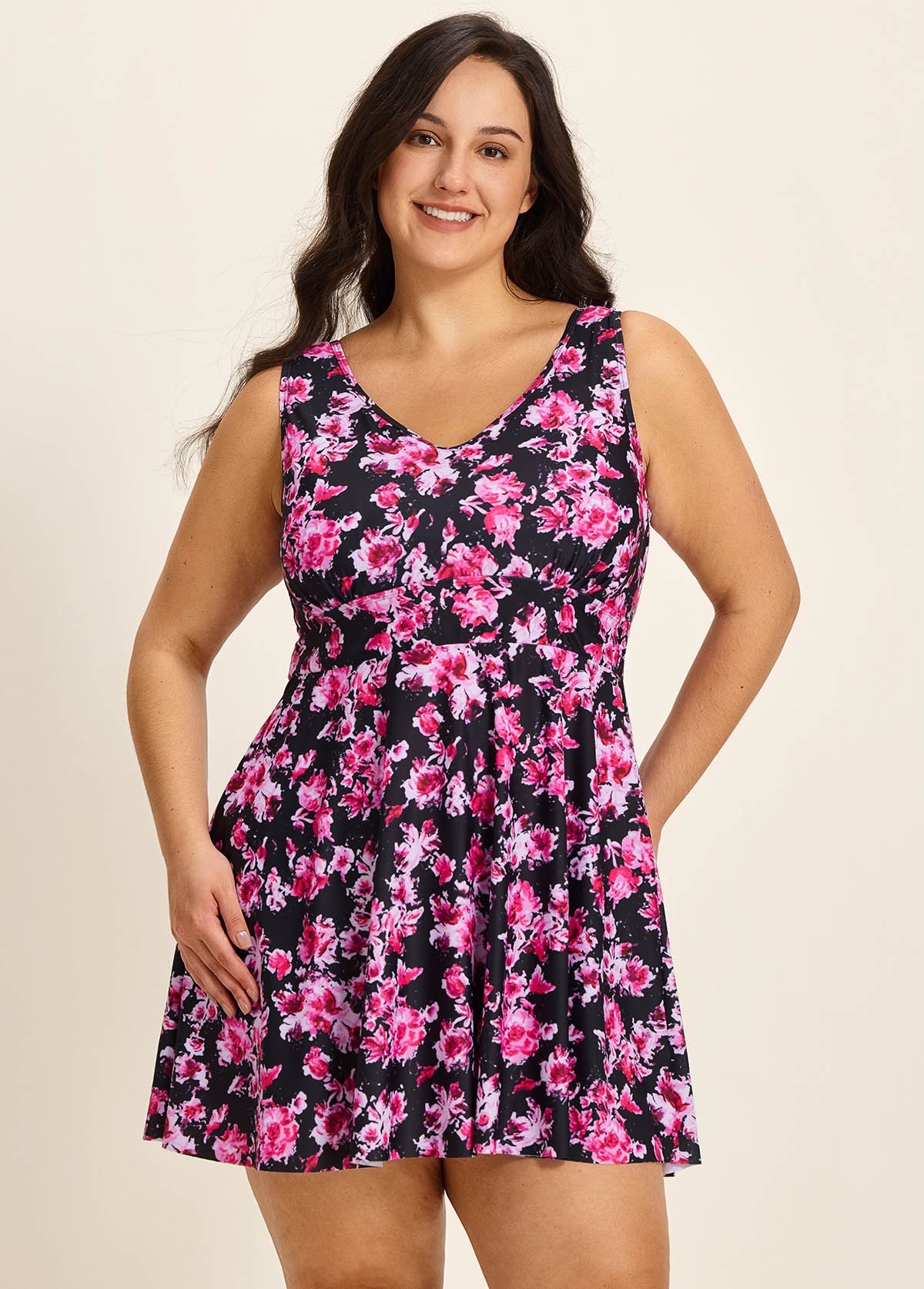 Curvy Pink Floral Print Modest Padded Cross Back Women's Swimsuit Two Piece Swimdress Set