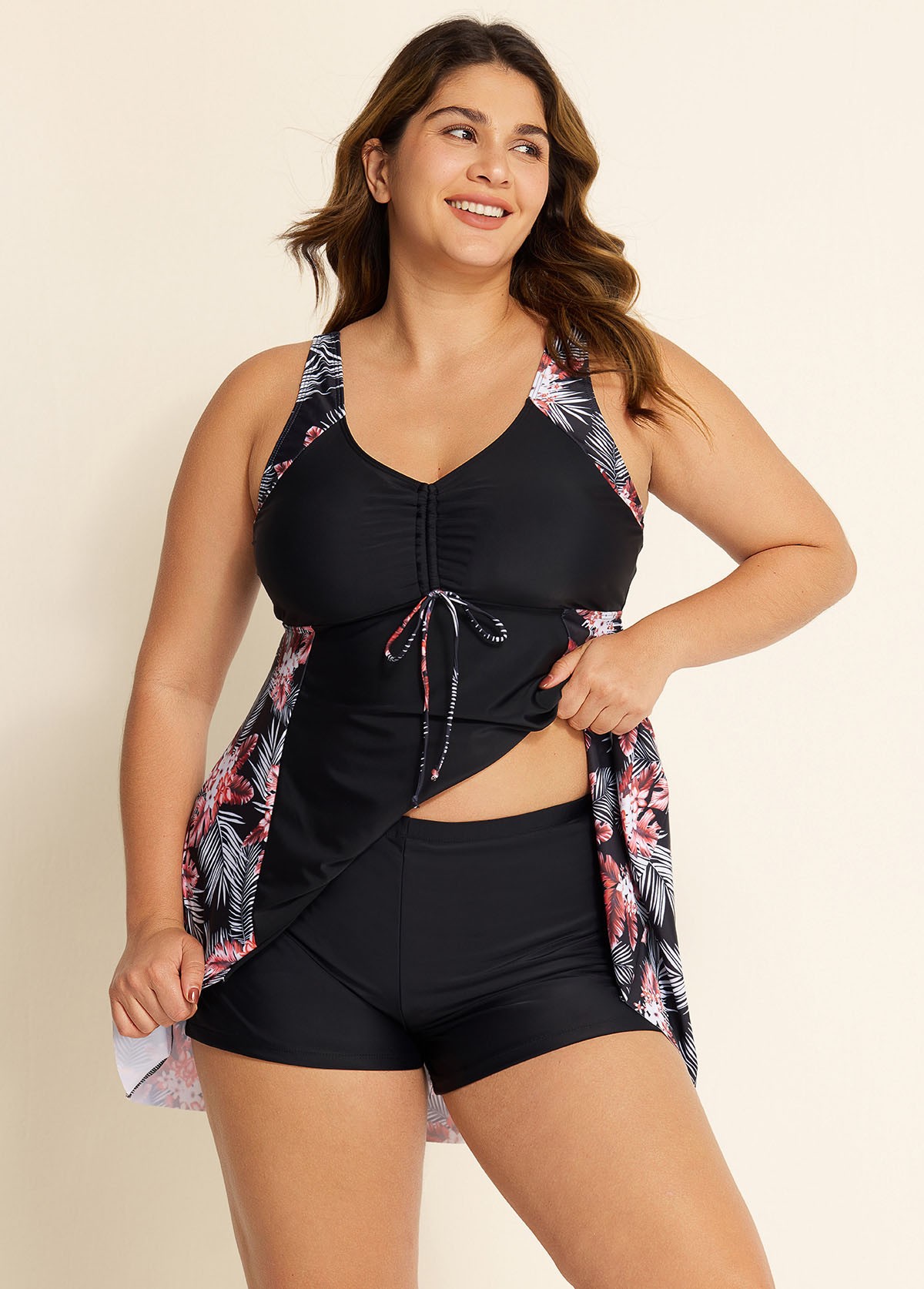 Stylish Tropical Print Patchwork Tie Front Swim Dress Set