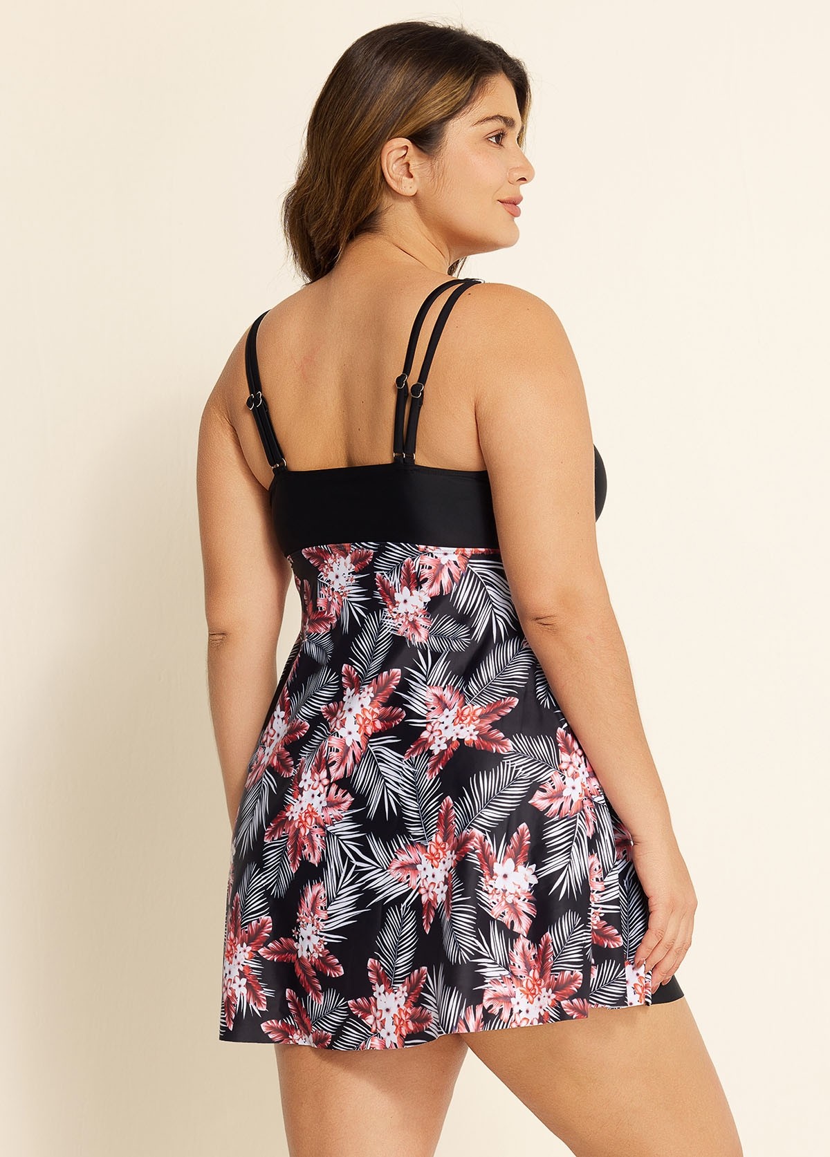 Stylish Tropical Print Patchwork Tie Front Swim Dress Set