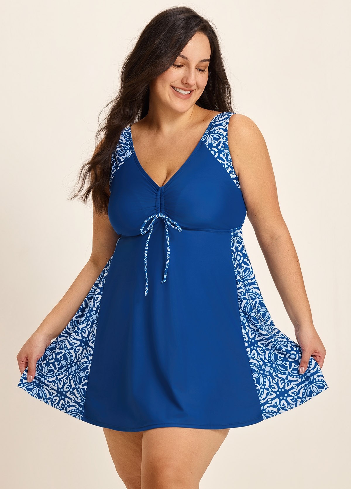 Plus Size Blue Geometric Modest Padded Drawstring Women's Swimsuit Two Piece Swimdress Set