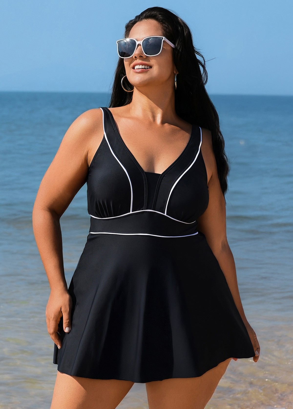 Black Contrast Trim Adjustable Straps One Piece Swimdress