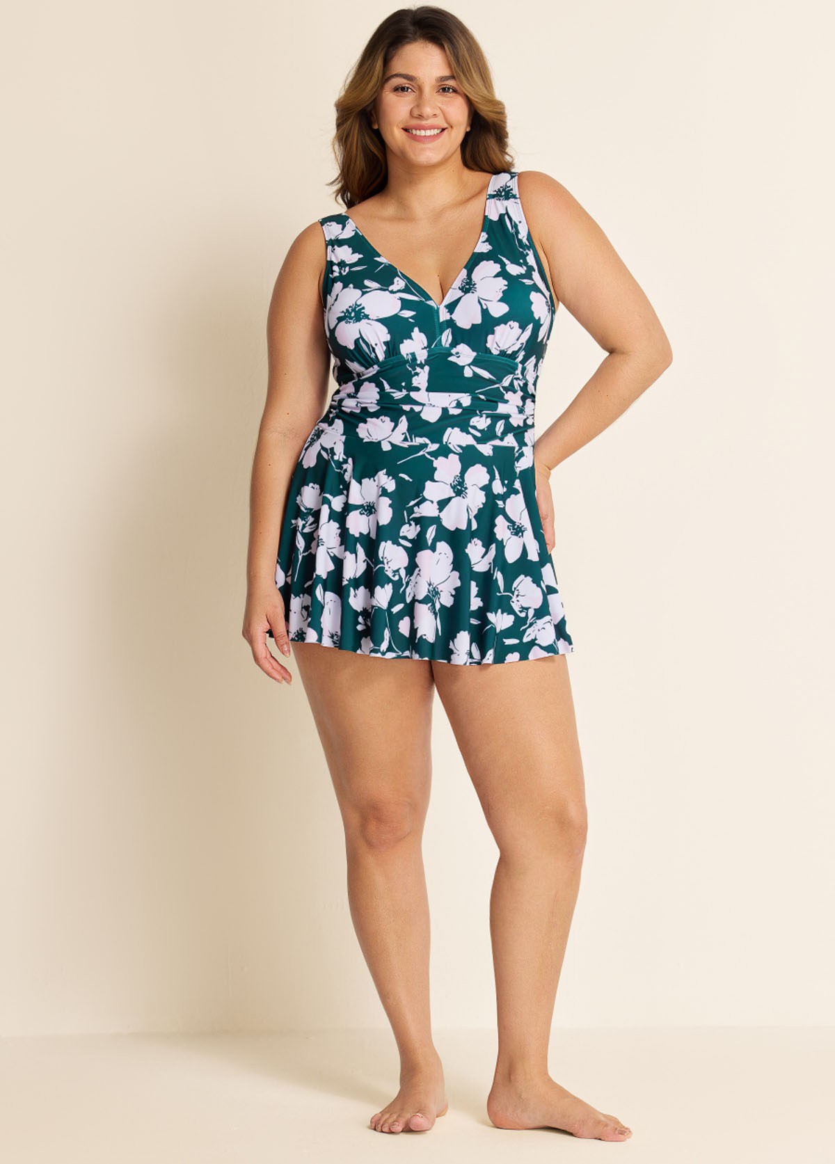 Green Floral Tummy Control Plus Size Swimsuit Swimwear One Piece Swimdress