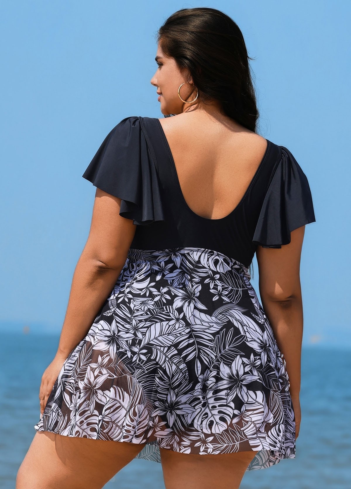 Black And White Print Short Sleeve Cross Front Ruffle One Piece Swimdress
