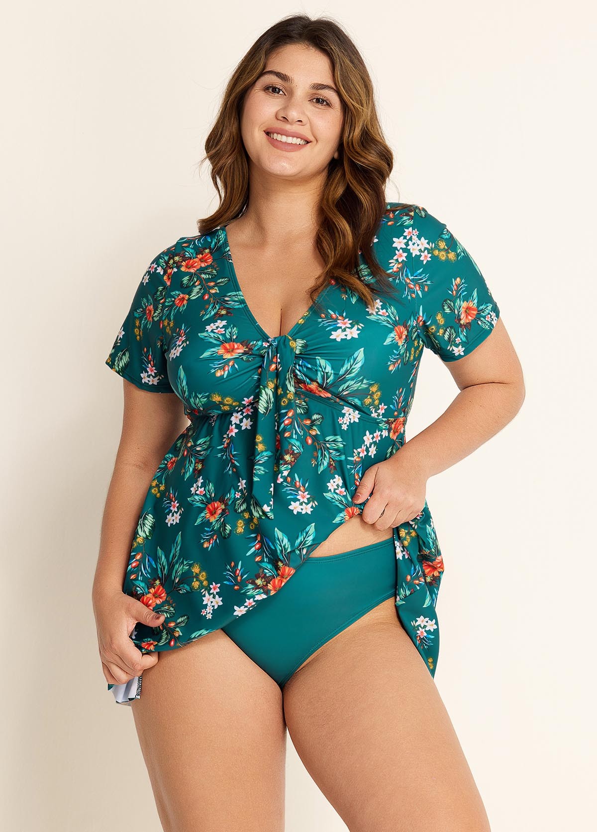 Green V Neck Floral Print Front Twisted Trendy Ruffle Swimdesse Set