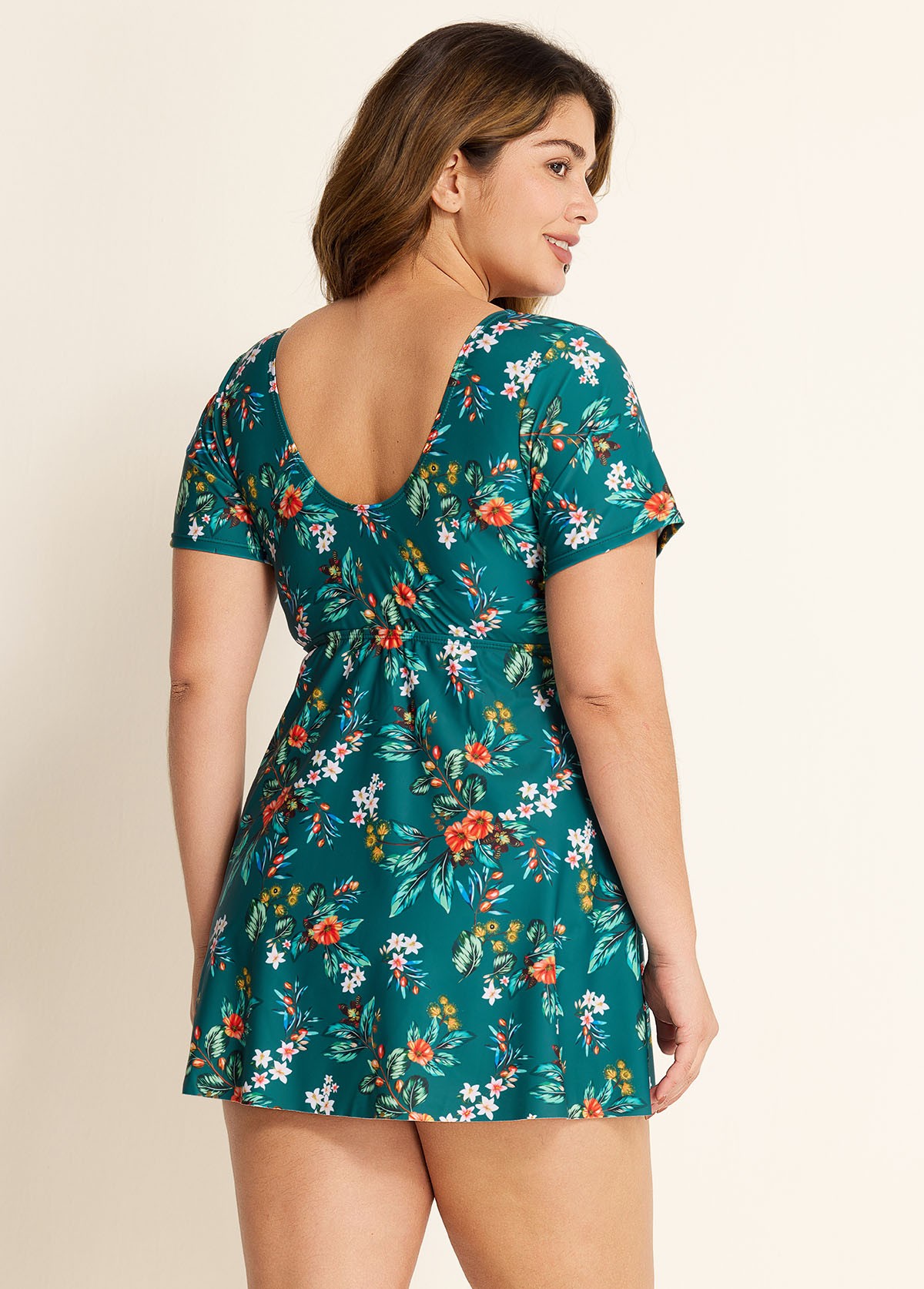 Green V Neck Floral Print Front Twisted Trendy Ruffle Swimdesse Set