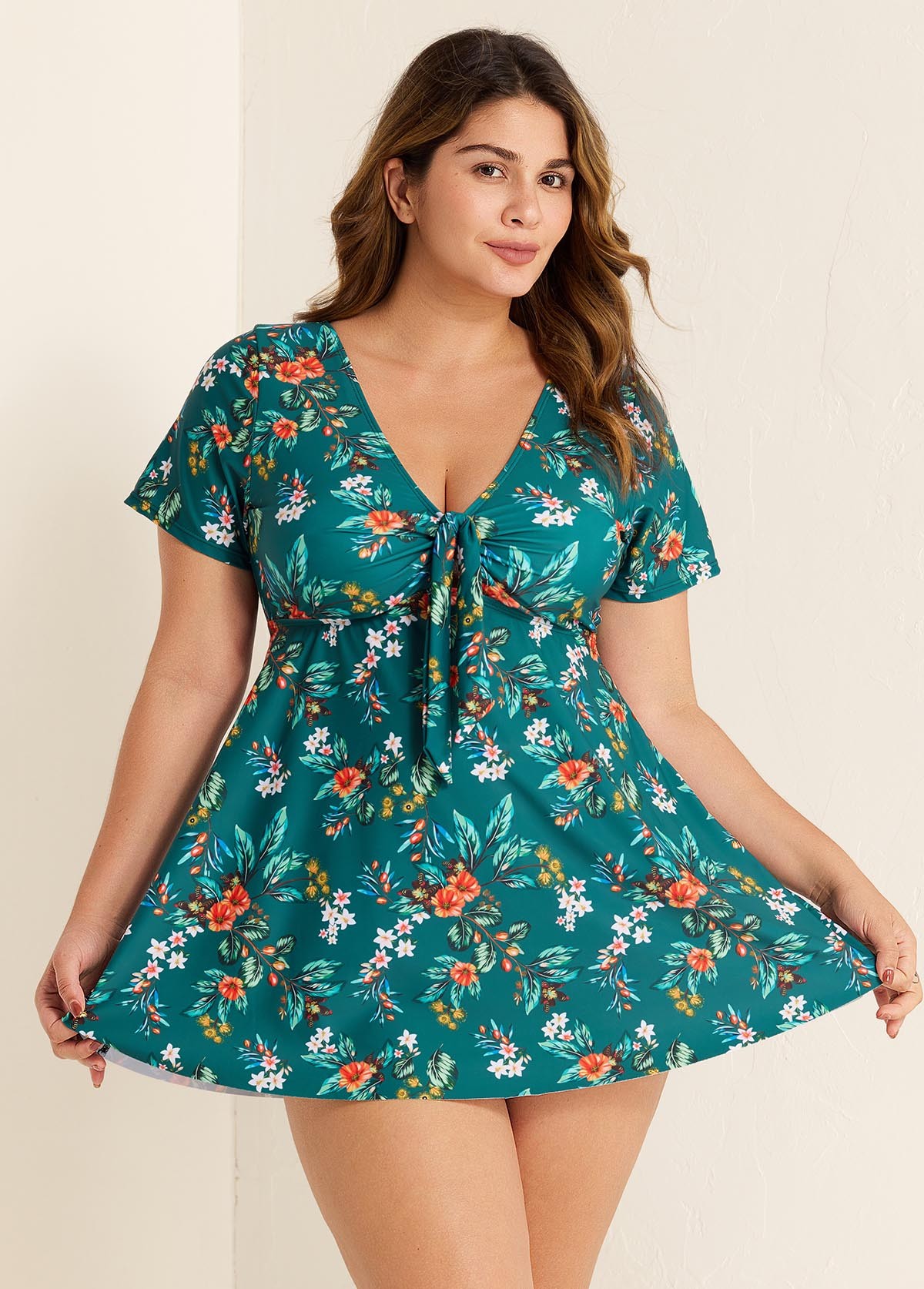 Green V Neck Floral Print Front Twisted Trendy Ruffle Swimdesse Set