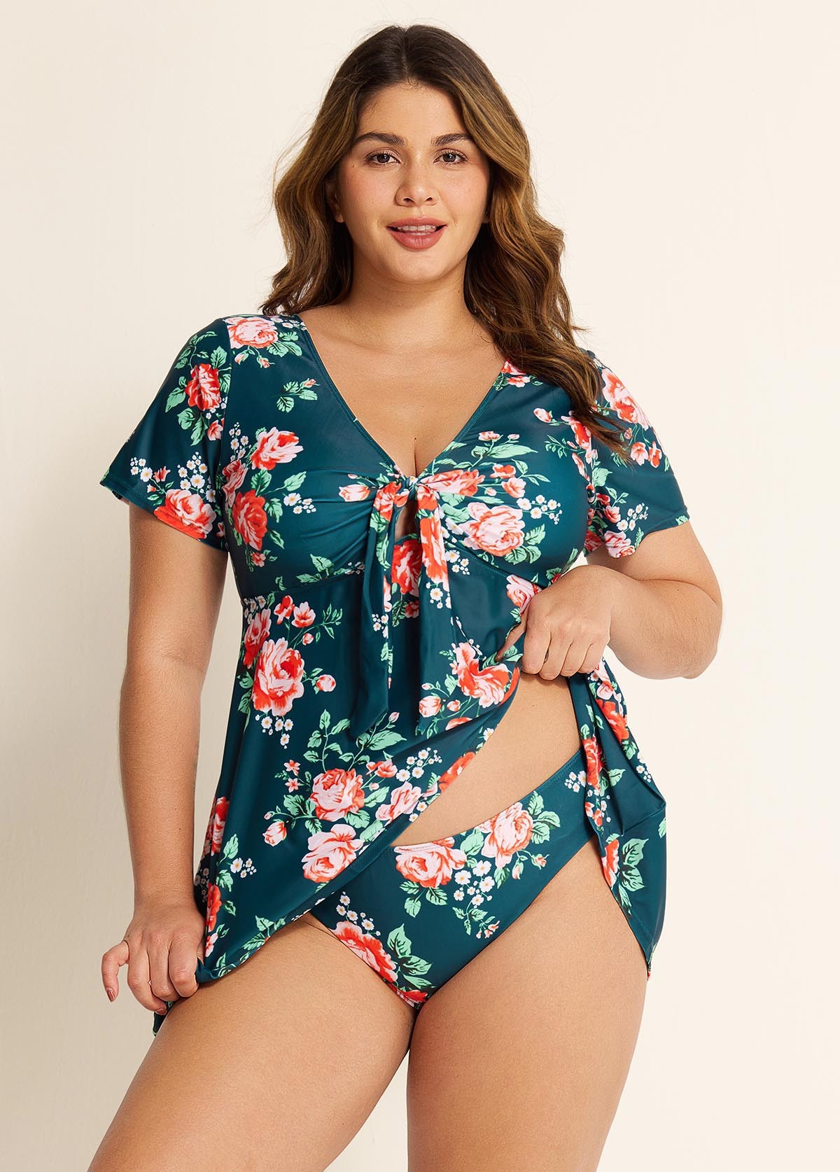 Plus Size Green Floral Short Sleeve Ladies Bathing Suits Swimdress Set