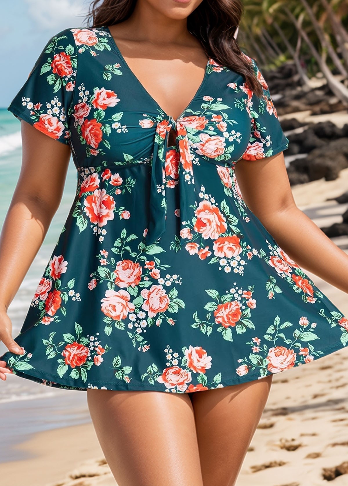 Plus Size Green Floral Short Sleeve Ladies Bathing Suits Swimdress Set