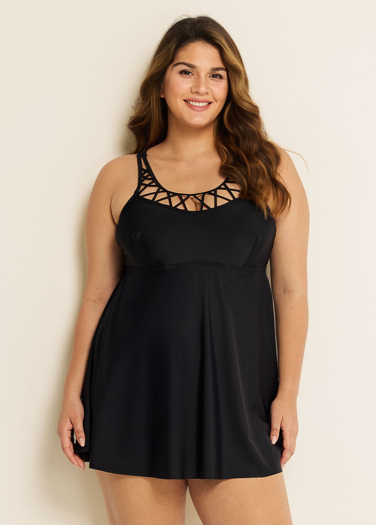 Plus Size Black Fashionable Hollow Swimdress Top