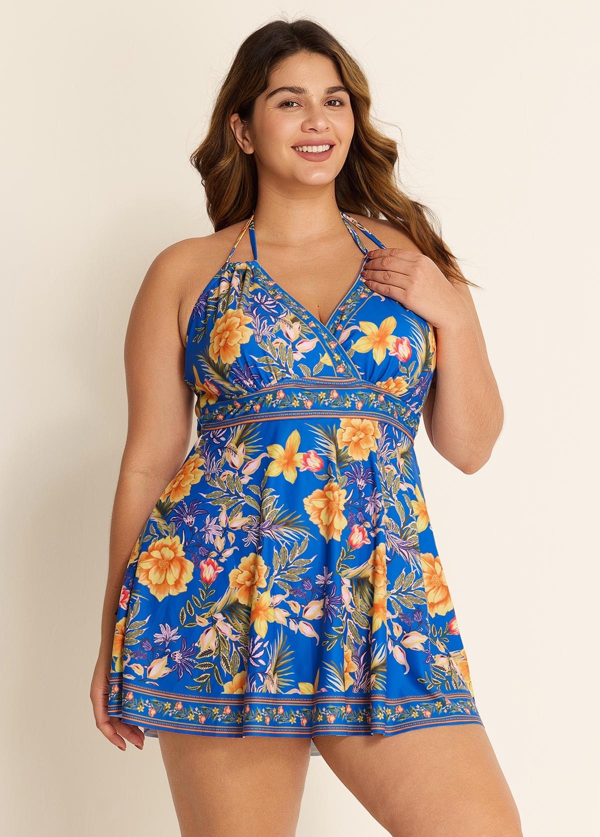 Curvy Blue Floral Double Straps Halter V Neck Swim Dress Swimdress Top