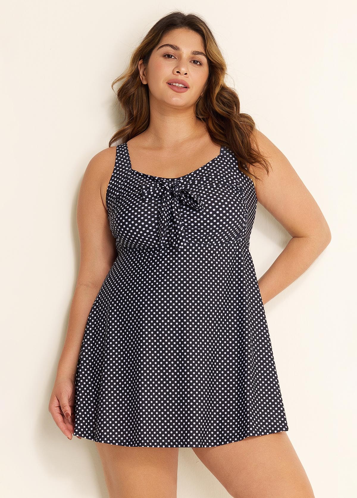 Women's Black Polka Dot Tie Front Modest One Piece Swimdress