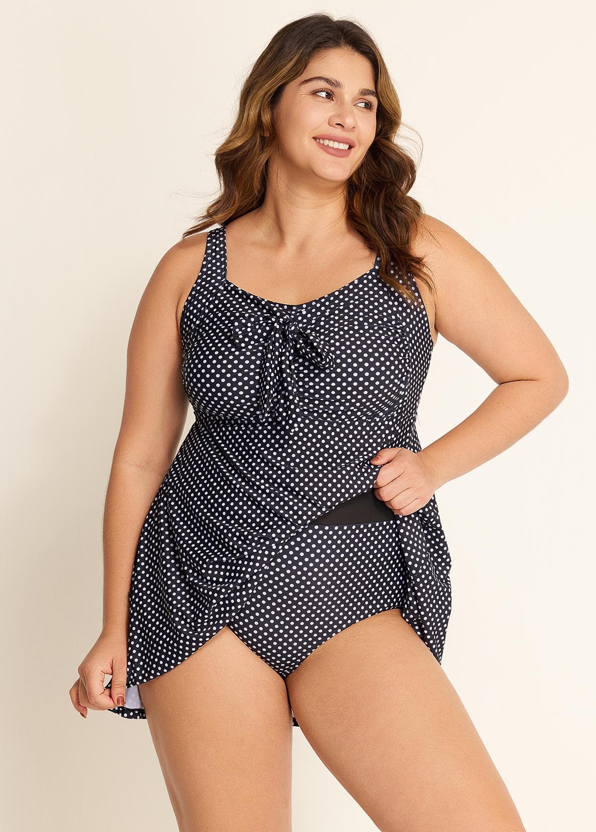 Women's Black Polka Dot Tie Front Modest One Piece Swimdress