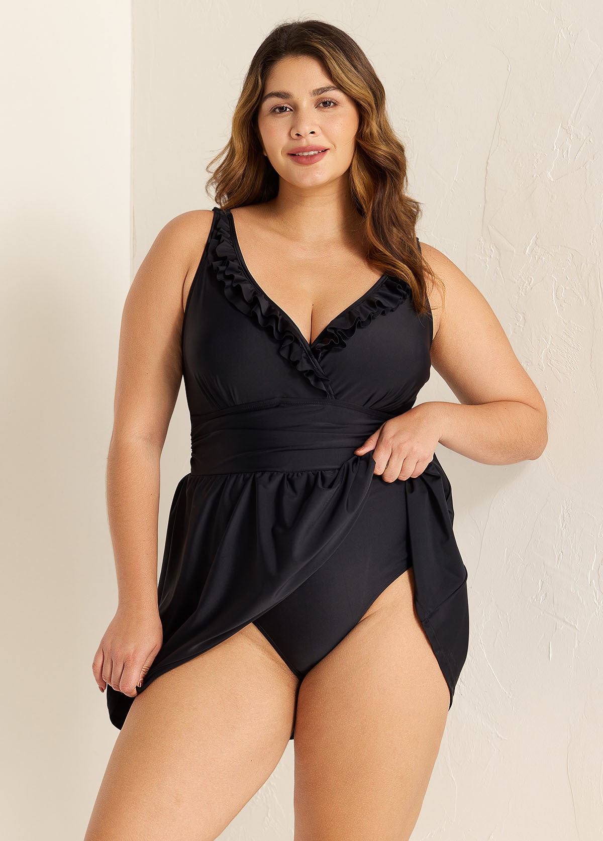 Black Plus Size Solid Color V Neck Ruffle One Piece Swimdress