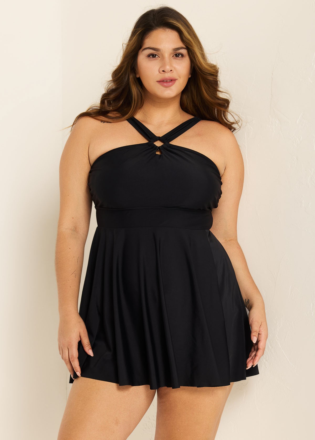 Black Hollow Side Slit Fashion One Piece Swimdress