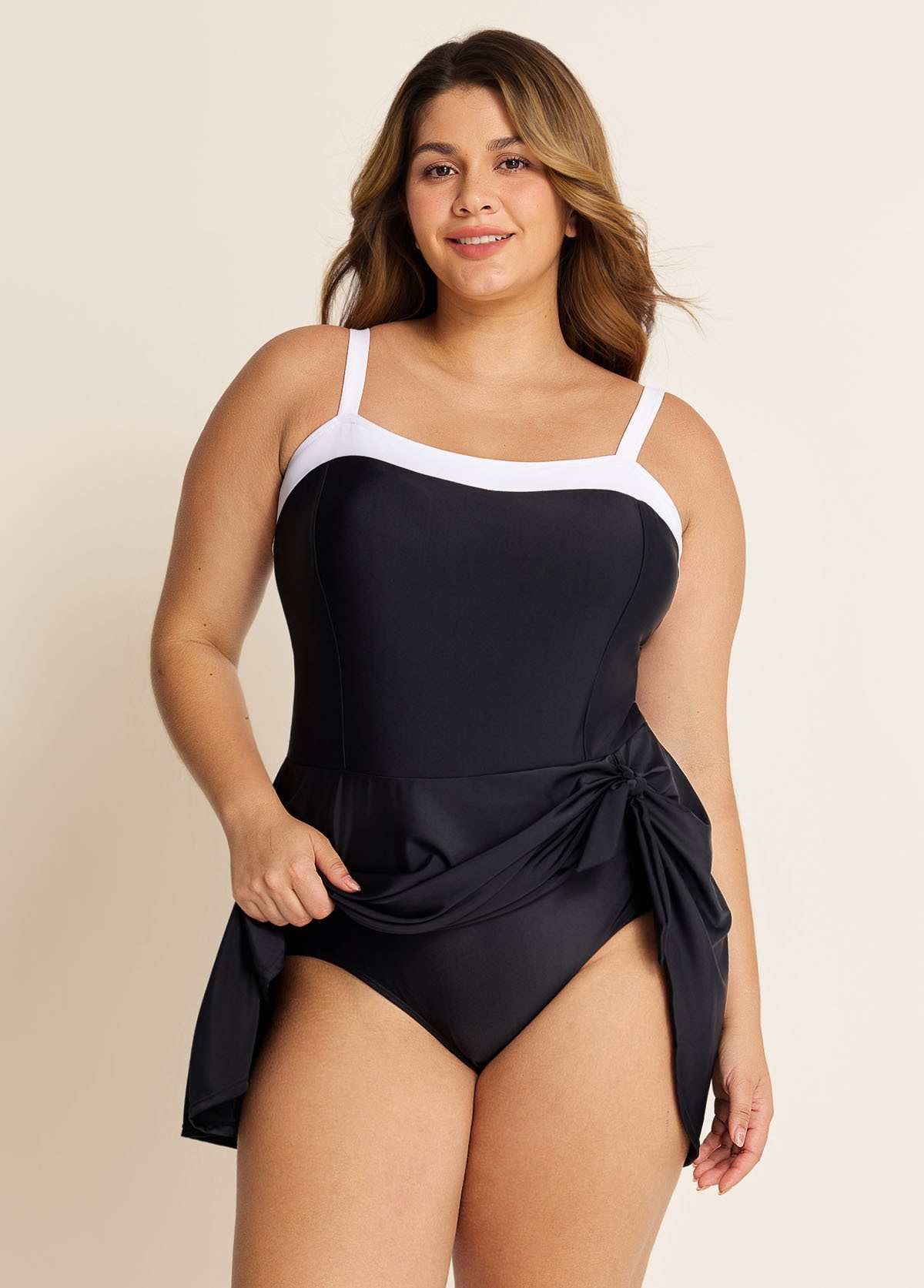 Black And White Color Block Side Tie Swim Dress Swimsuit One Piece Swimdress