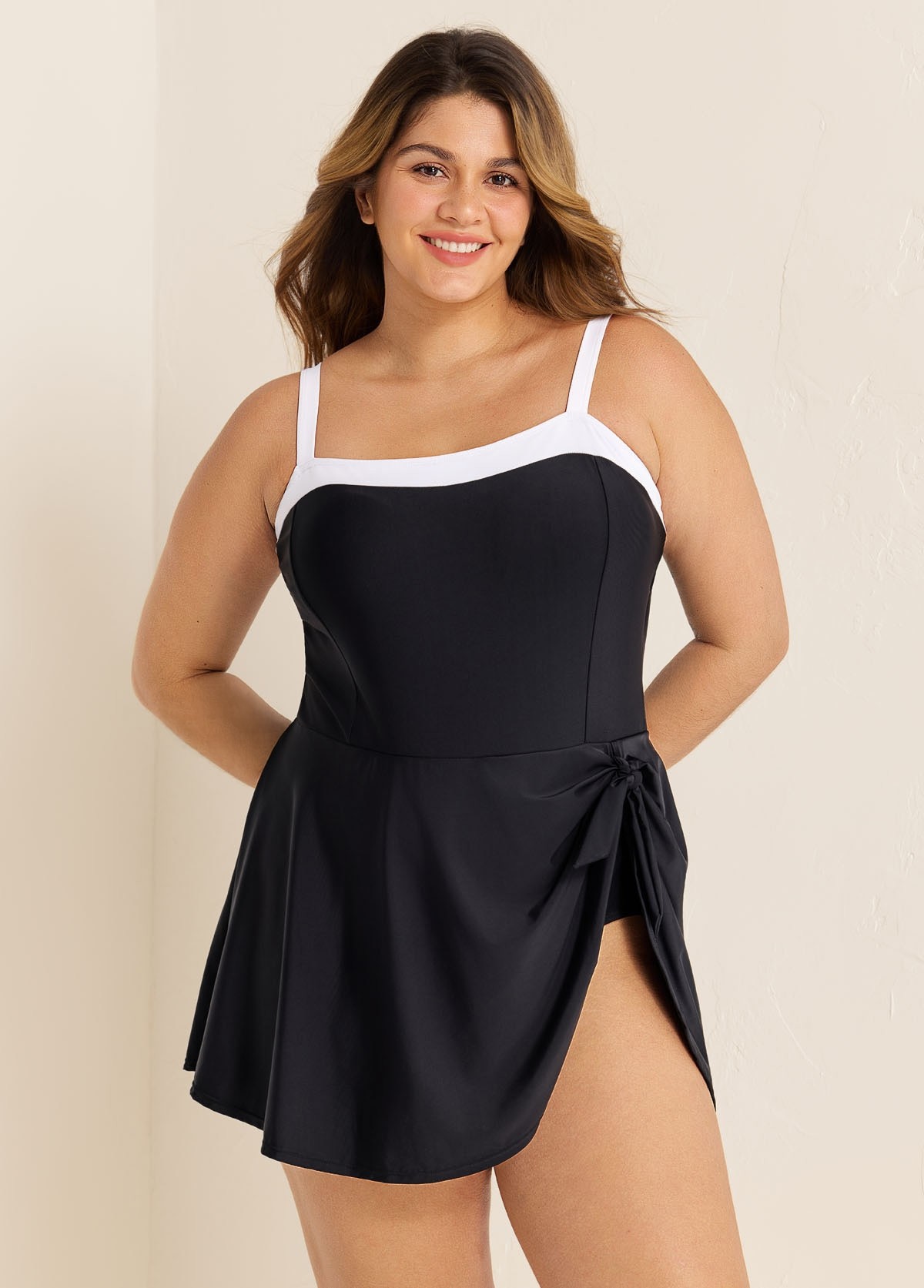 Black And White Color Block Side Tie Swim Dress Swimsuit One Piece Swimdress