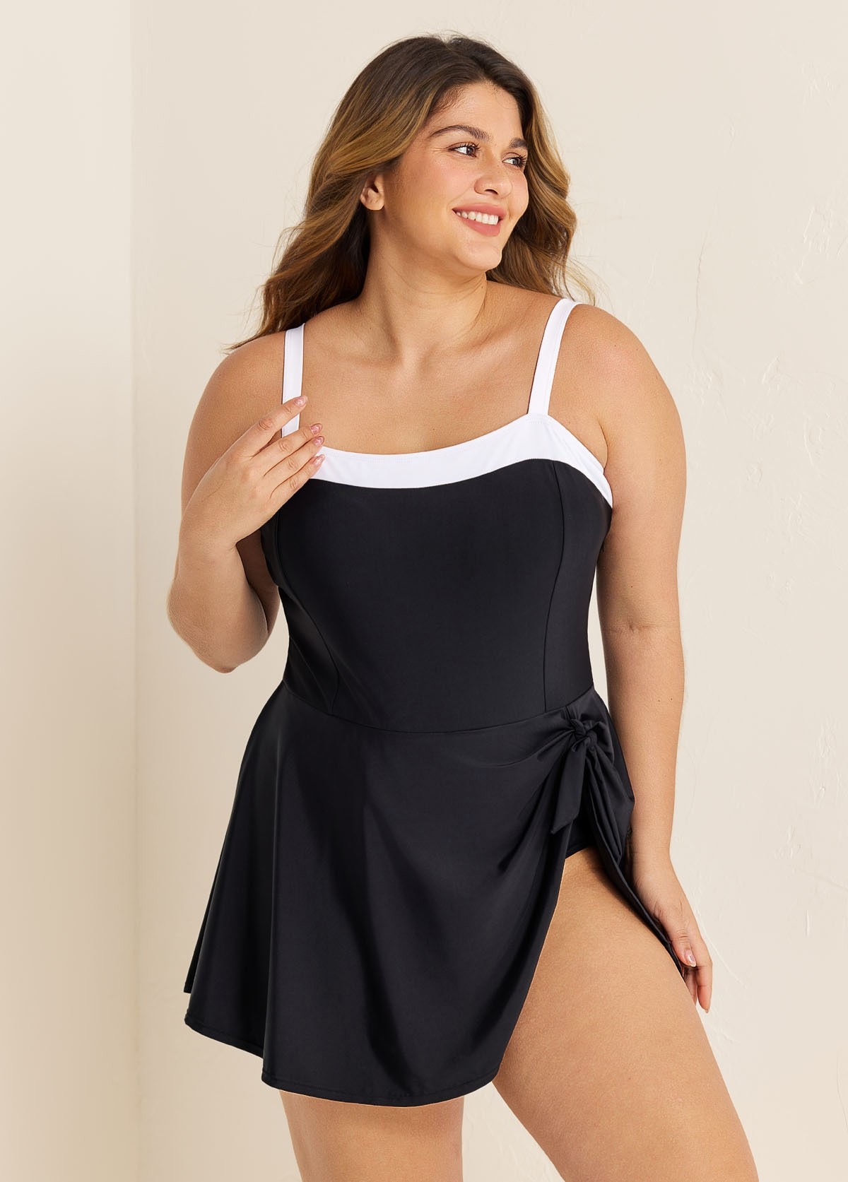 Black And White Color Block Side Tie Swim Dress Swimsuit One Piece Swimdress