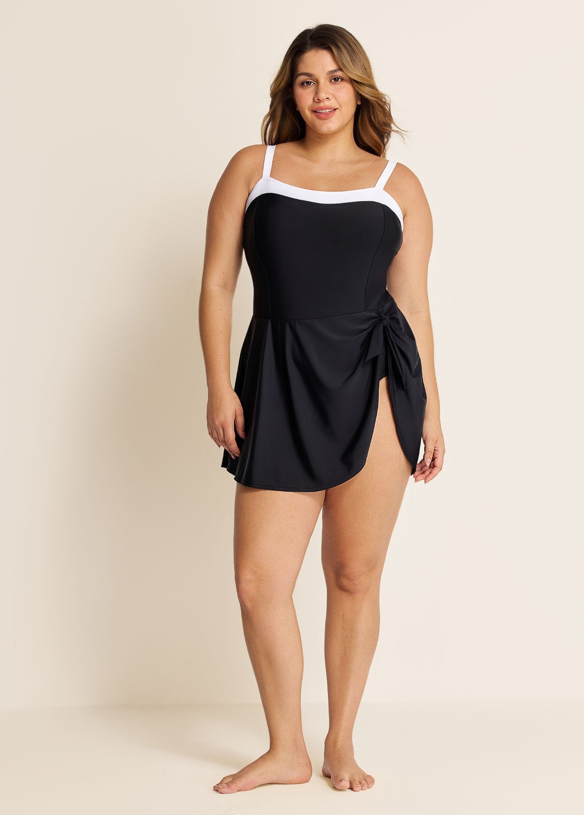 Black And White Color Block Side Tie Swim Dress Swimsuit One Piece Swimdress