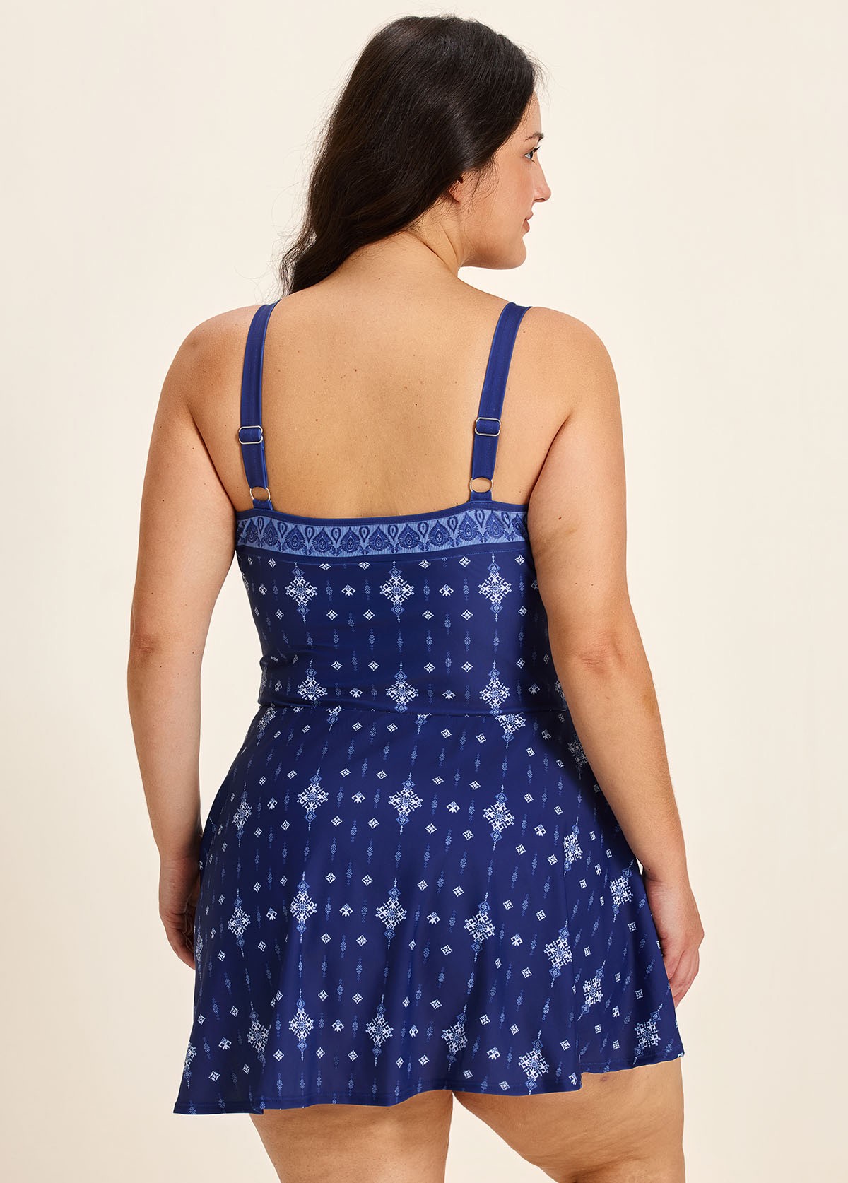 Navy Geometric Print Flattering Side Knot Side Slit Plus Size Swimsuit One Piece Swimdress