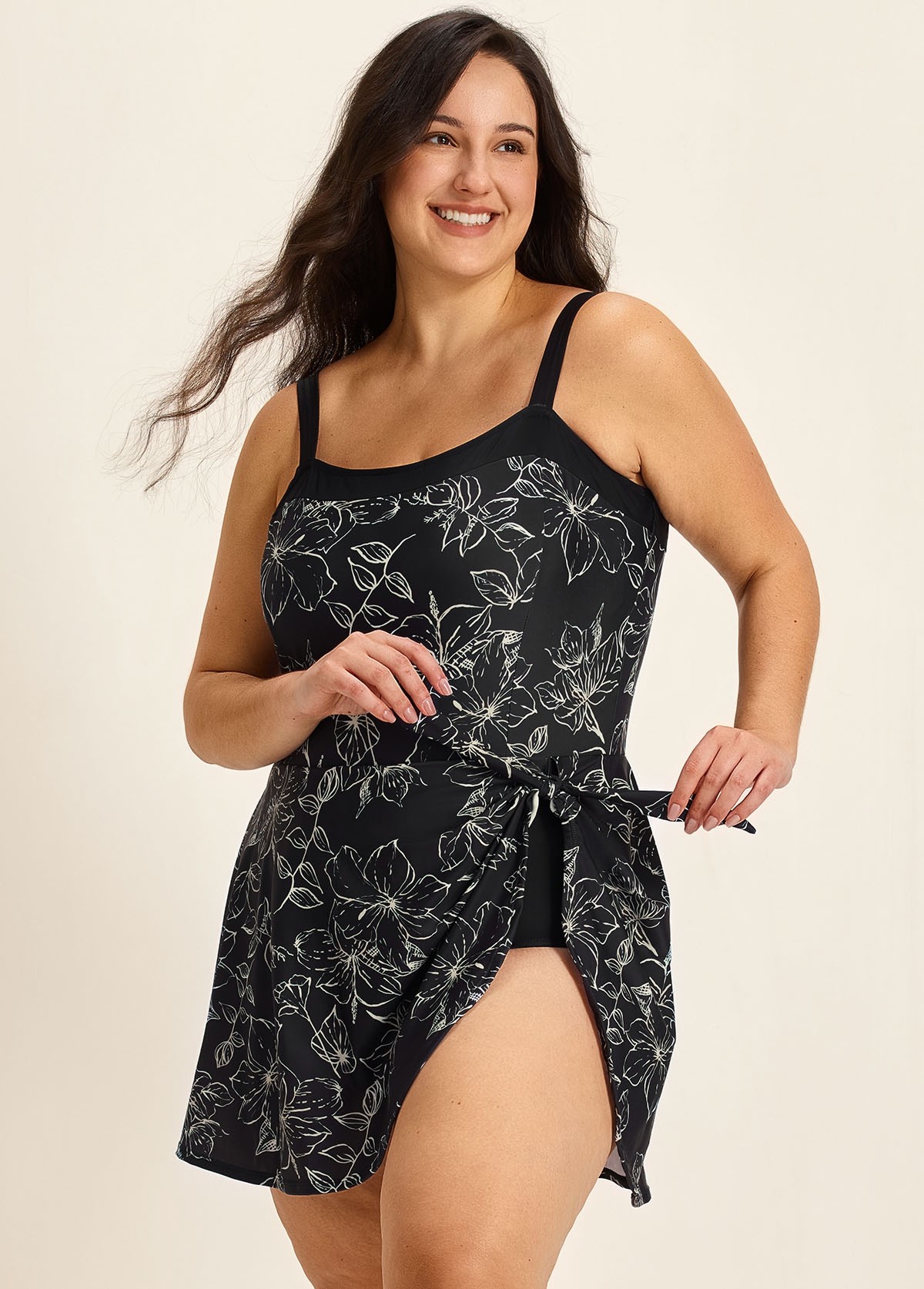 Plus Size Black Floral Flattering Side Knot Side Slit Women's Swimsuit One Piece Swimdress