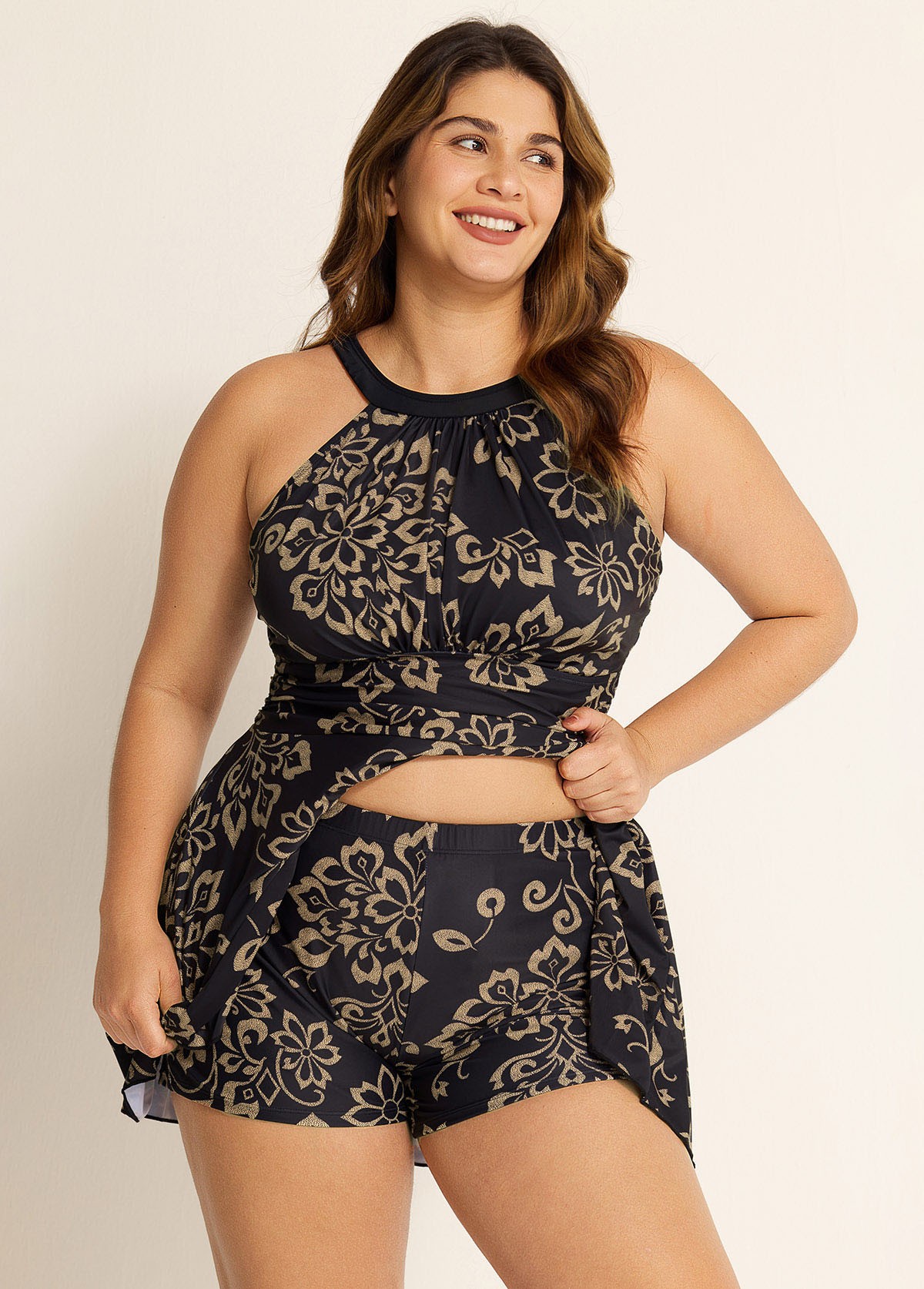 Black Floral High Neck Curvy Two Piece Swimsuit With Shorts Swimdress Set