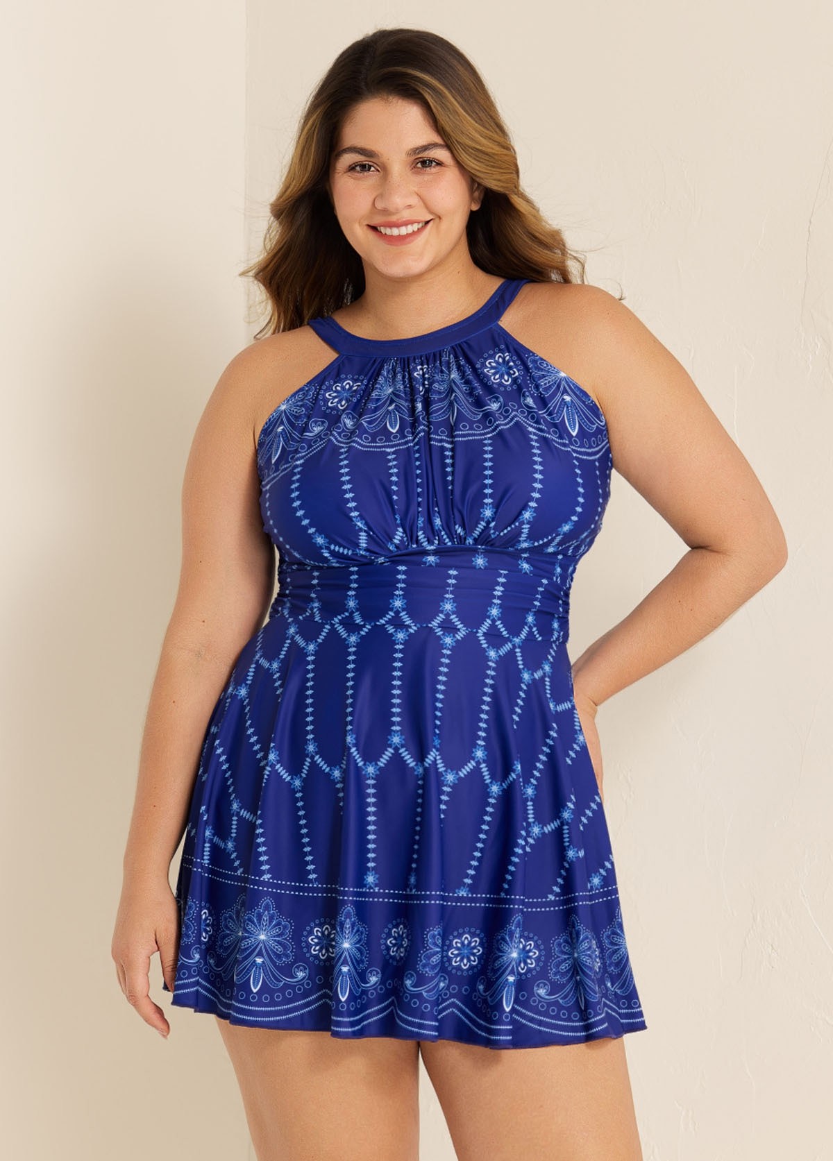 Curvy Navy High Neck Line Flowers Fashion Swim Dress  Swimdress Set