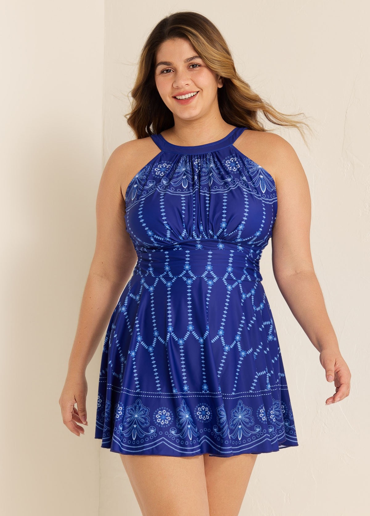 Curvy Navy High Neck Line Flowers Fashion Swim Dress  Swimdress Set