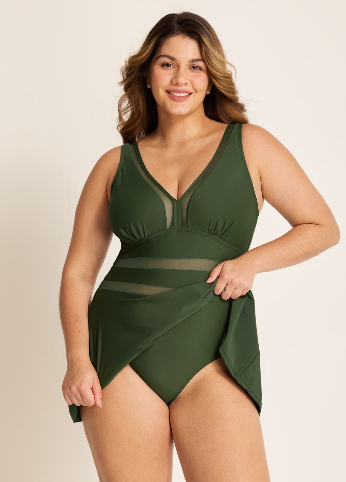 Green V Neck Mesh Swim Skirts For Women One Piece Swimdress