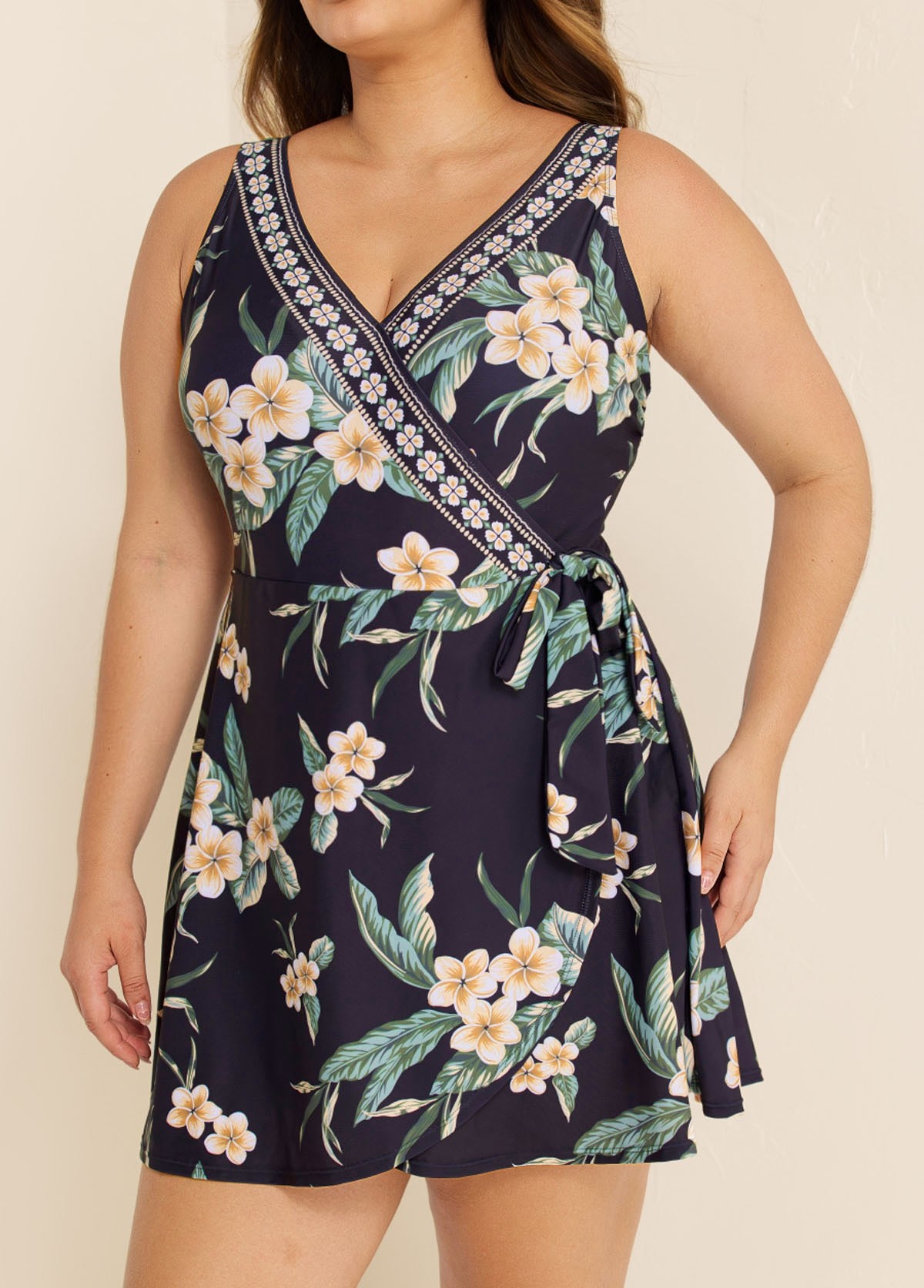 Black Floral Wrap Side Tie Plus Size Swim Skirts For Women One Piece Swimdress